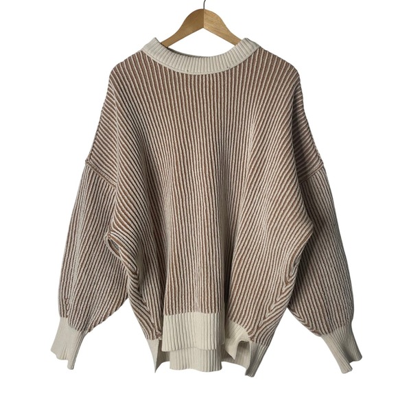 Aerie Chenille Striped Oversized Knit Sweater Pullover Tan Cream XL Chunky - Picture 2 of 8